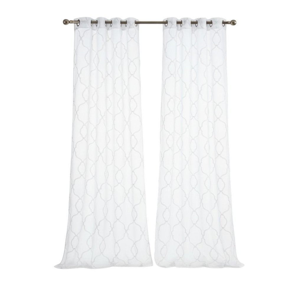 84” White Trellis Pattern Embroidered Window Curtain Panel on a white background