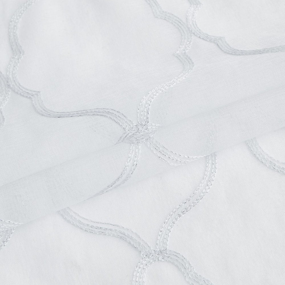 84” White Trellis Pattern Embroidered Window Curtain Panel on a white background