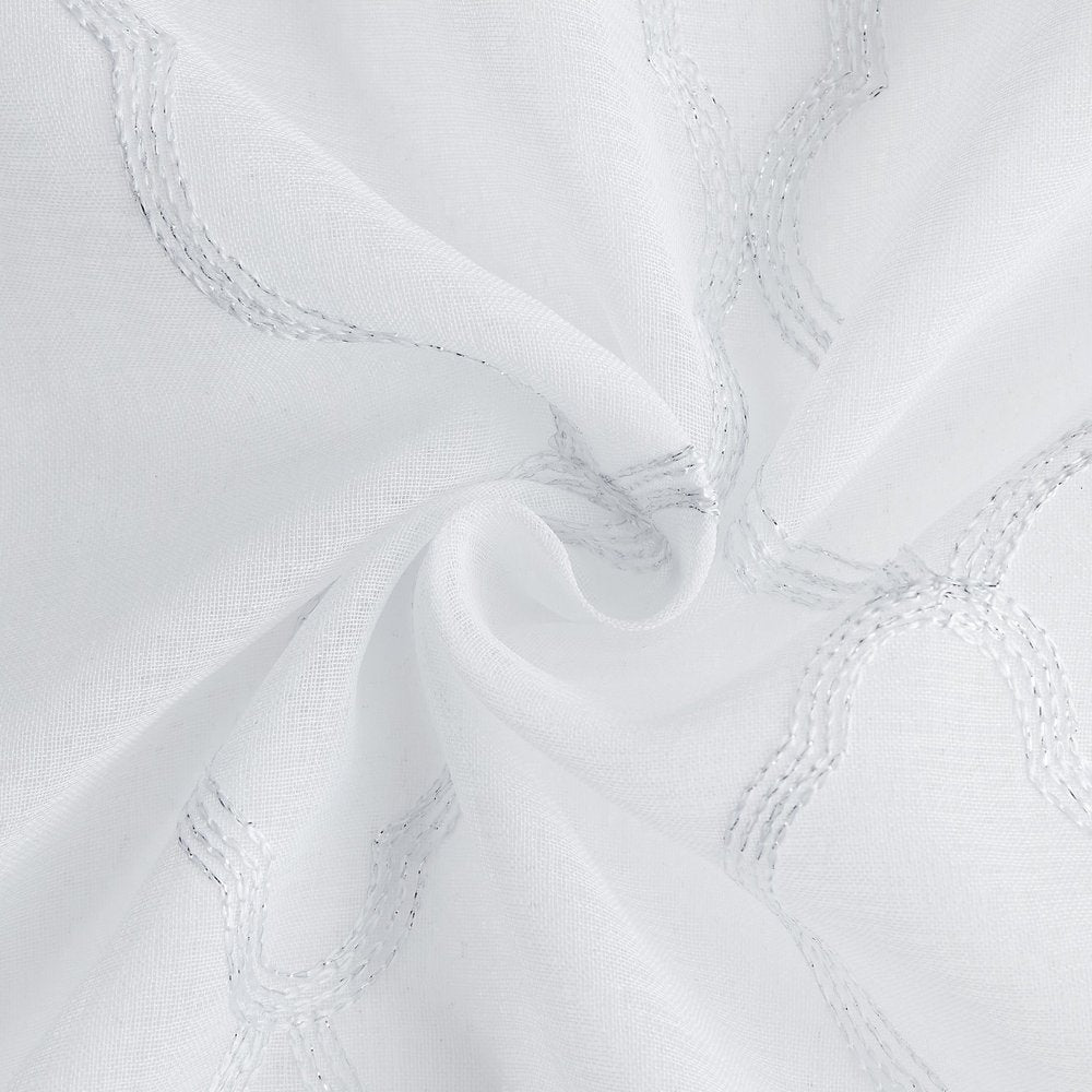84” White Trellis Pattern Embroidered Window Curtain Panel on a white background