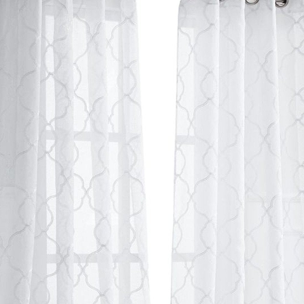 84” White Trellis Pattern Embroidered Window Curtain Panel on a white background