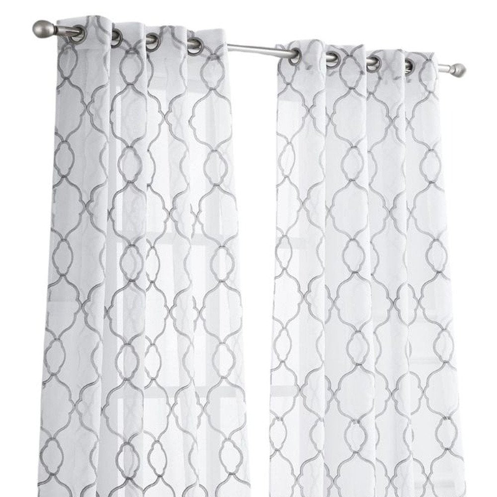 84” Silver Trellis Pattern Embroidered Window Curtain Panel on a white background