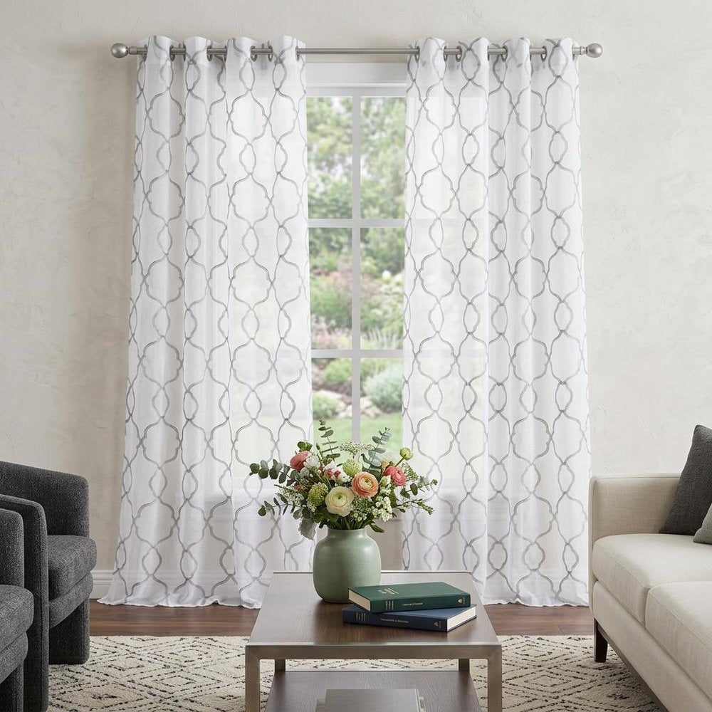 84” Silver Trellis Pattern Embroidered Window Curtain Panel in a home interior