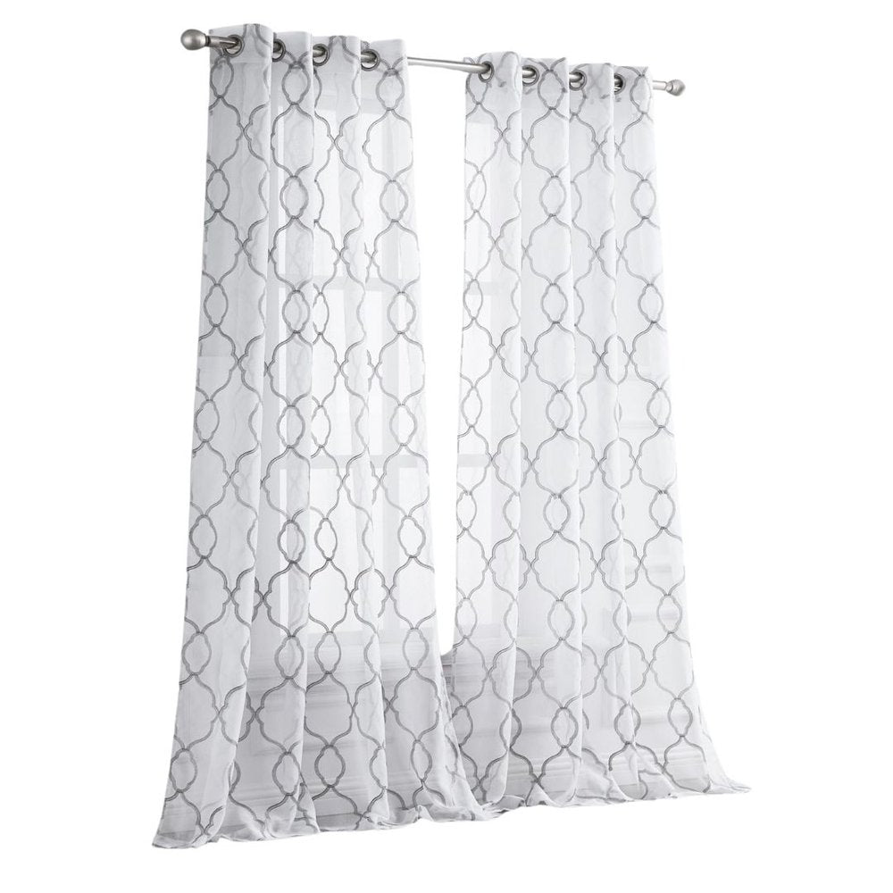 84” Silver Trellis Pattern Embroidered Window Curtain Panel on a white background