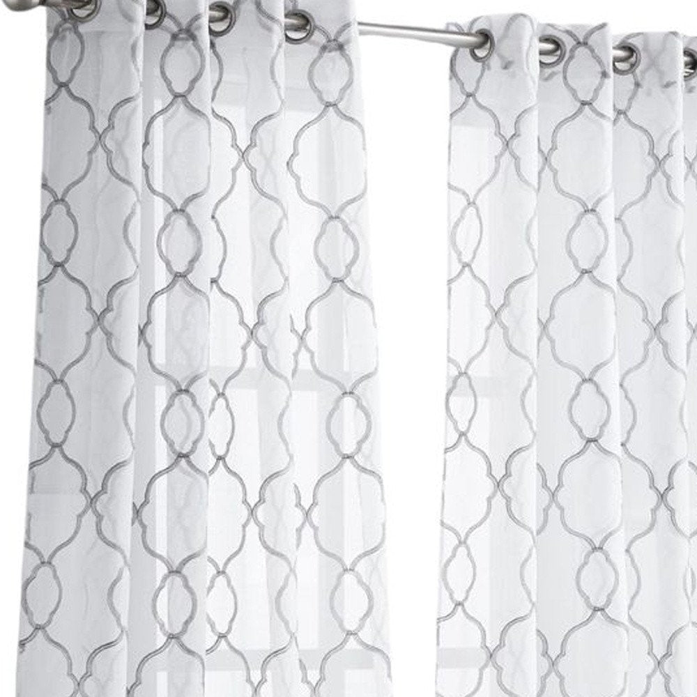 84” Silver Trellis Pattern Embroidered Window Curtain Panel on a white background