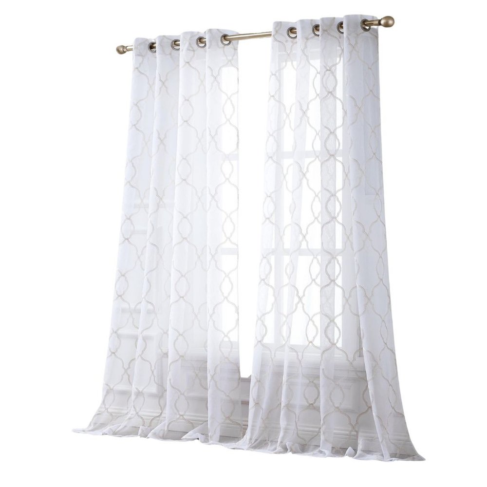 84” Charcoal Trellis Pattern Embroidered Window Curtain Panel on a white background