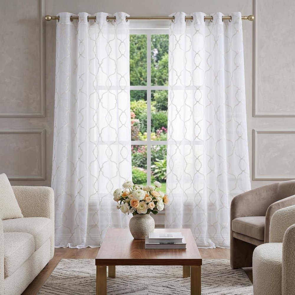 84” Charcoal Trellis Pattern Embroidered Window Curtain Panel in a home interior