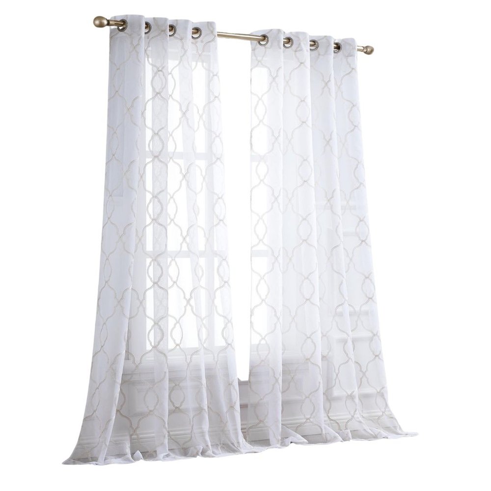 84” Charcoal Trellis Pattern Embroidered Window Curtain Panel on a white background