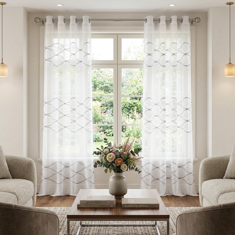 Set of Two 96" White Wave Embroidered Window Panels in a home interior