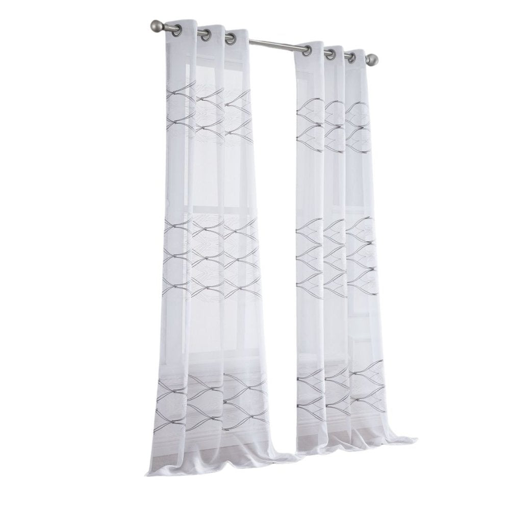 Set of Two 96" White Wave Embroidered Window Panels on a white background