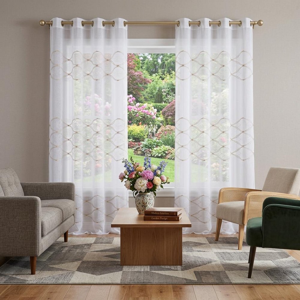 Set of Two 96" Gold and White SemiSheer Curtains in a home interior