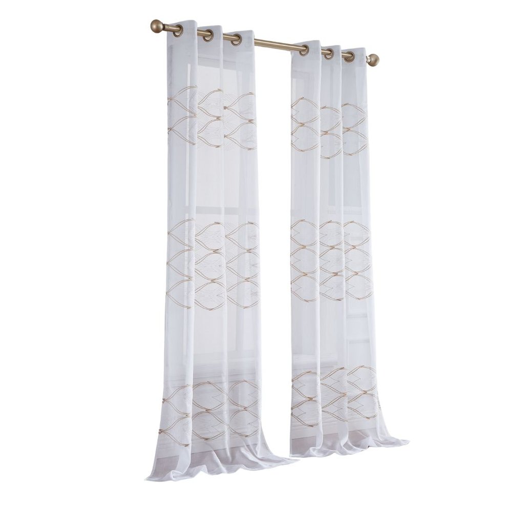 Set of Two 96" Gold and White SemiSheer Curtains on a white background