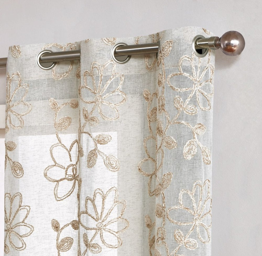 Set of Two 84" Tan Floral Embroidered Window Panels on a white background