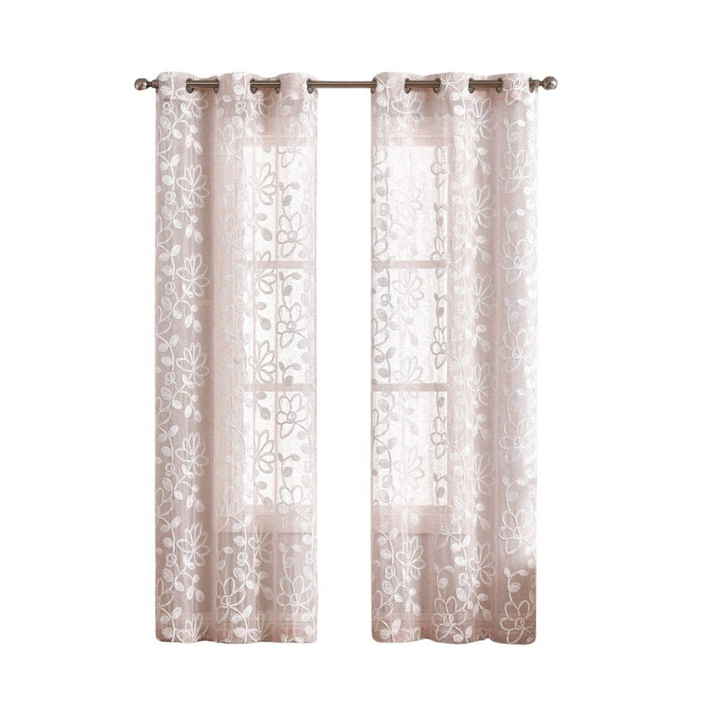 Set of Two 84" Blush Floral Embroidered Window Panels on a white background