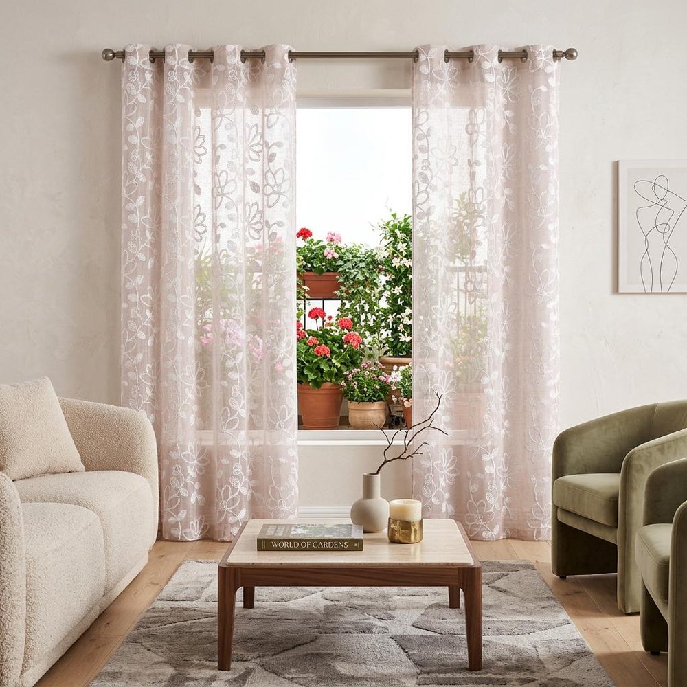 Set of Two 84" Blush Floral Embroidered Window Panels in a home interior
