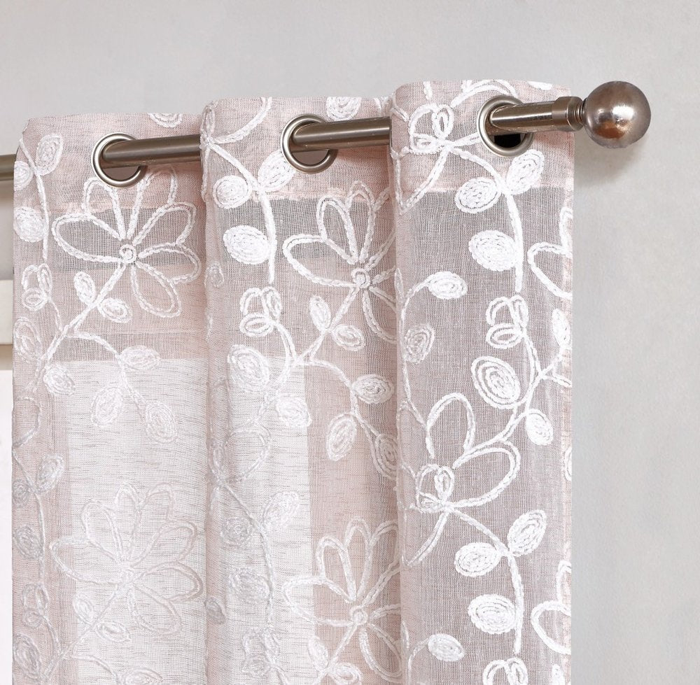 Set of Two 84" Blush Floral Embroidered Window Panels on a white background