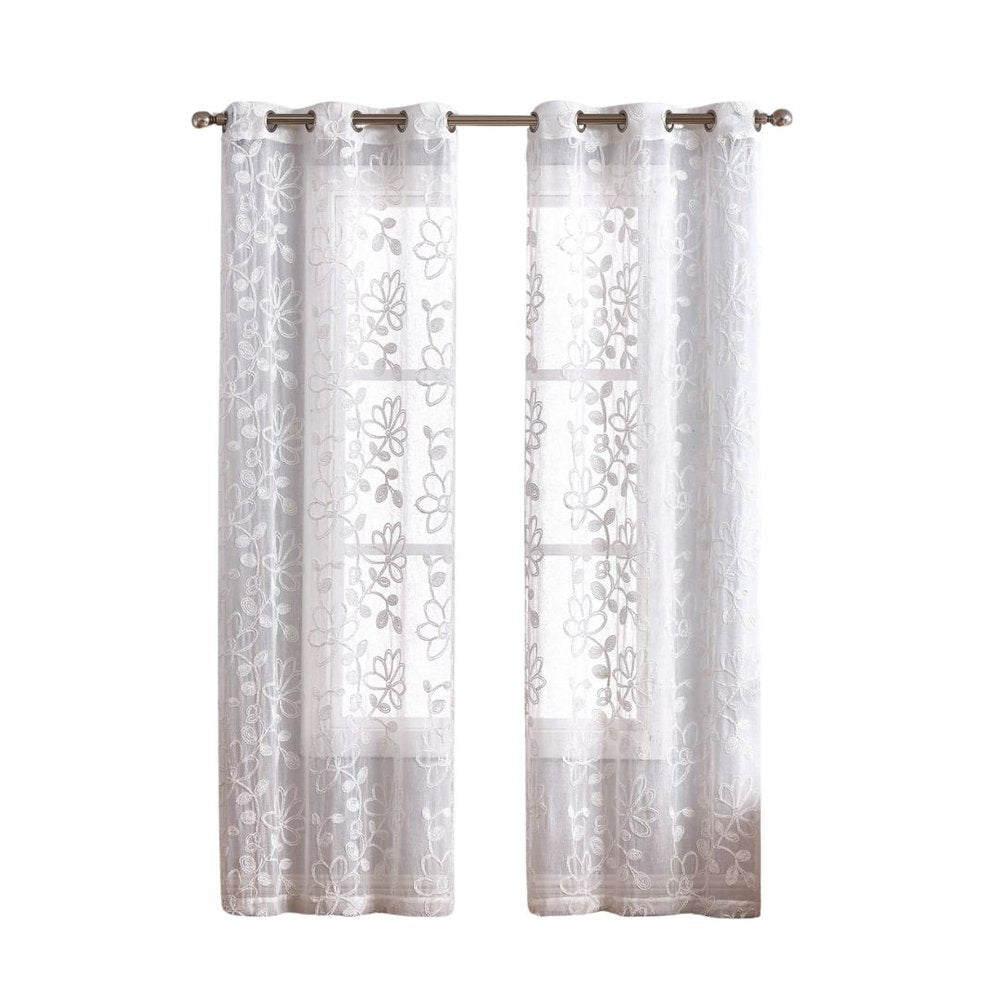 Set of Two 84" White Floral Embroidered Window Panels on a white background