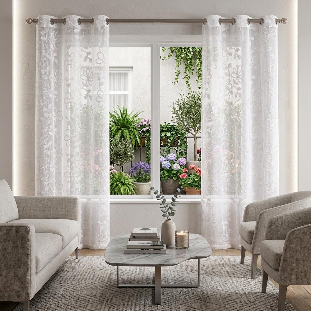 Set of Two 84" White Floral Embroidered Window Panels in a home interior