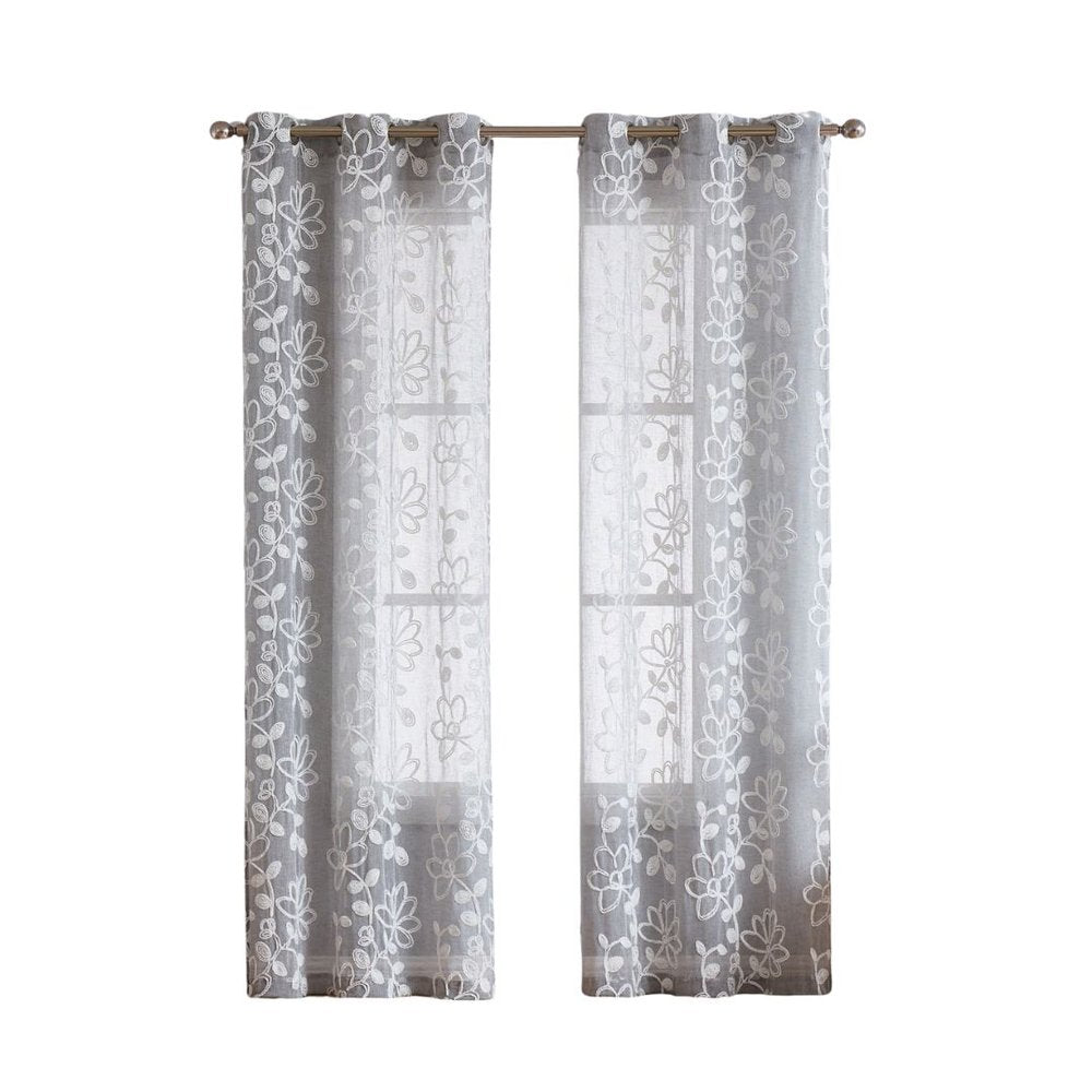 Set of Two 96" Silver Floral Embroidered Window Panels on a white background
