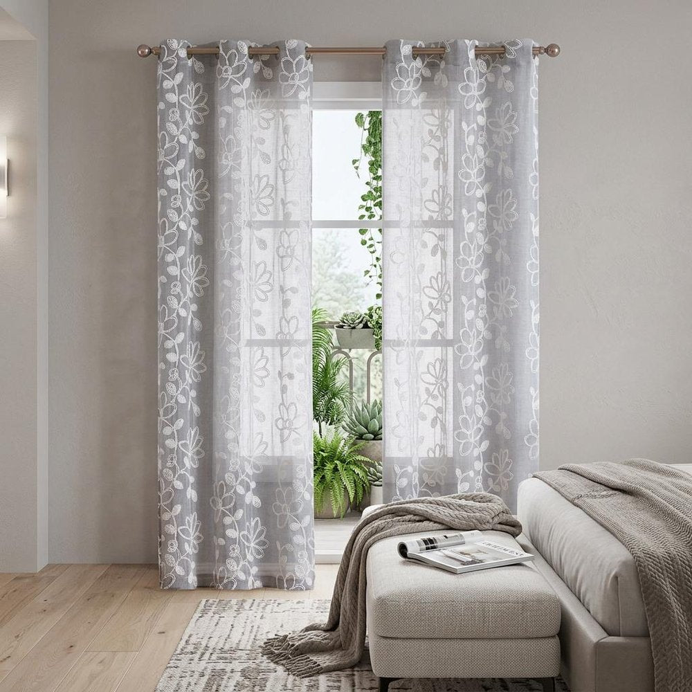 Set of Two 96" Silver Floral Embroidered Window Panels in a home interior