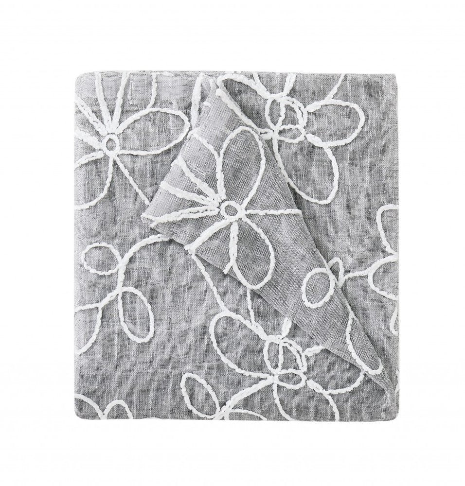 Set of Two 96" Silver Floral Embroidered Window Panels on a white background