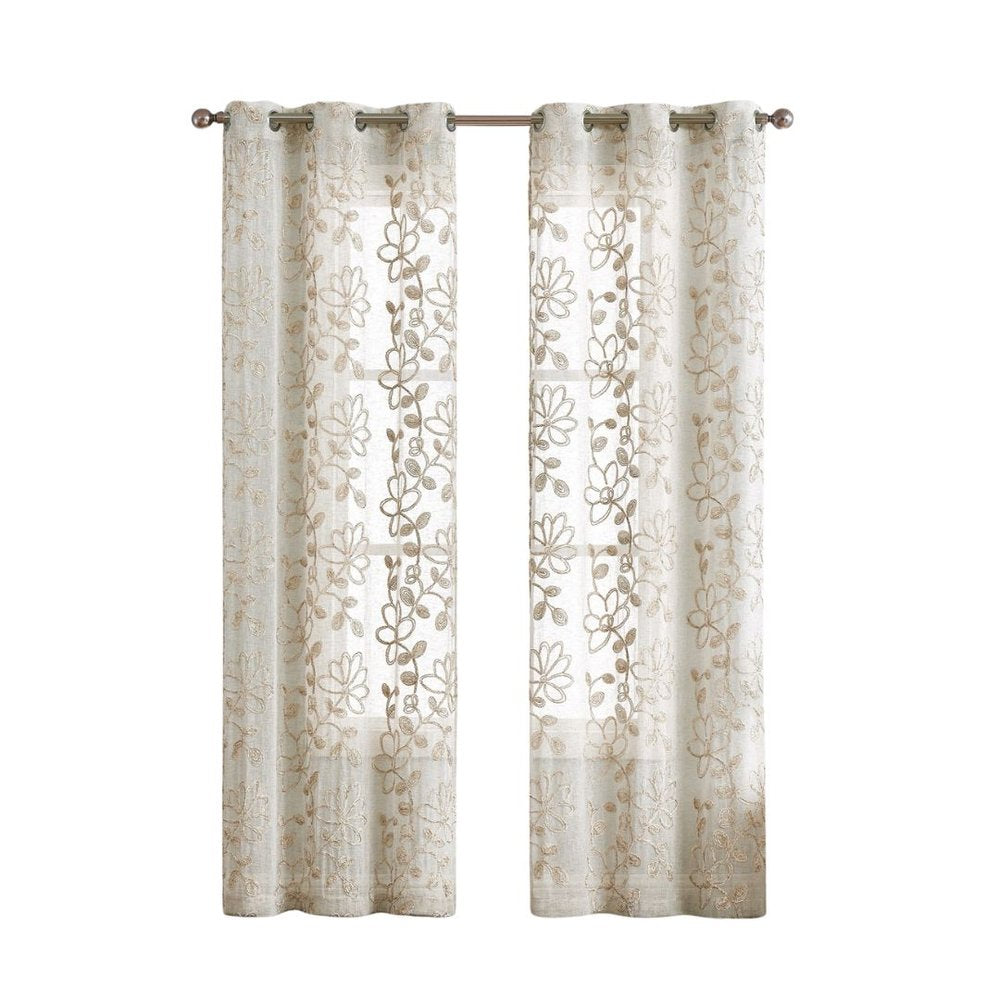 Set of Two 96" Tan Floral Embroidered Window Panels on a white background