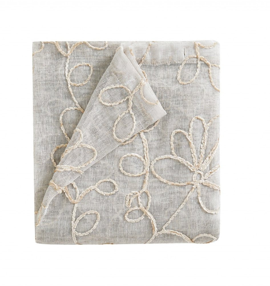 Set of Two 96" Tan Floral Embroidered Window Panels on a white background