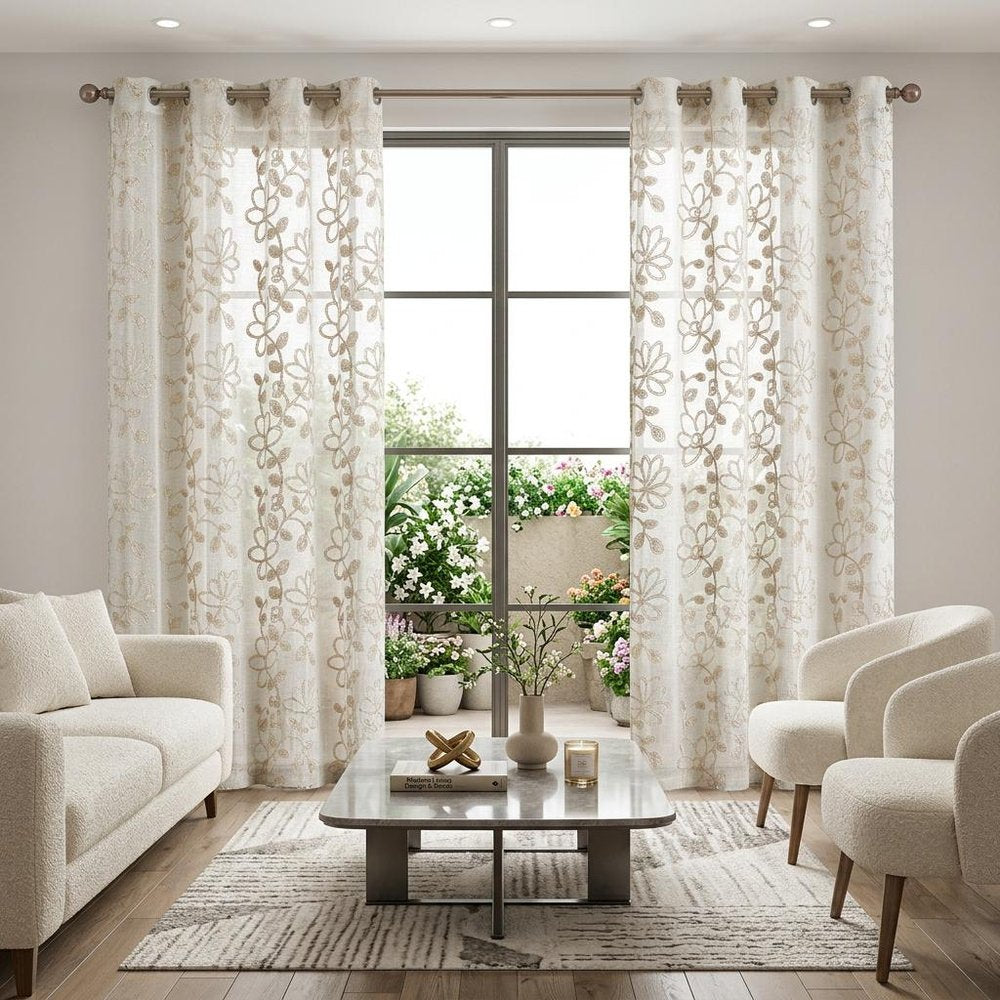 Set of Two 96" Tan Floral Embroidered Window Panels in a home interior