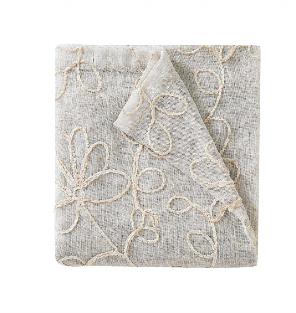 Set of Two 96" Tan Floral Embroidered Window Panels on a white background