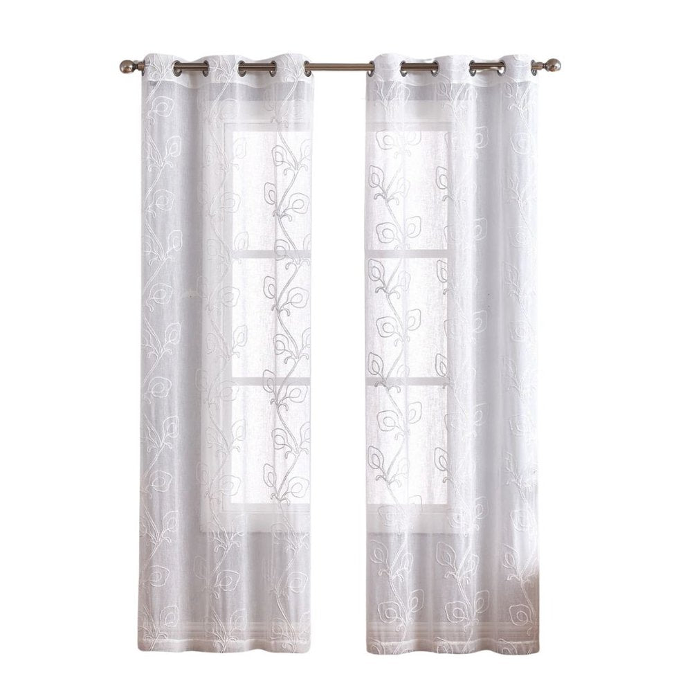 Set of Two 84" White Boho Embroidered Window Panels on a white background