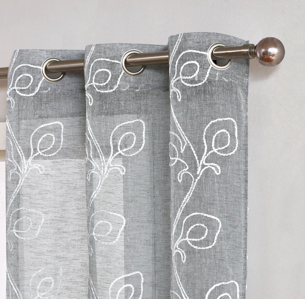 Set of Two 84" Silver Boho Embroidered Window Panels on a white background