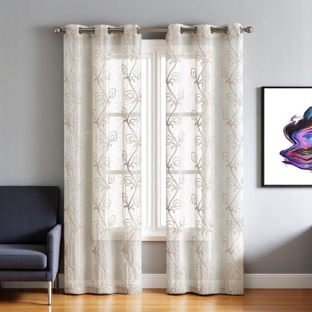 Set of Two 84" Beige Boho Embroidered Window Panels in a home interior