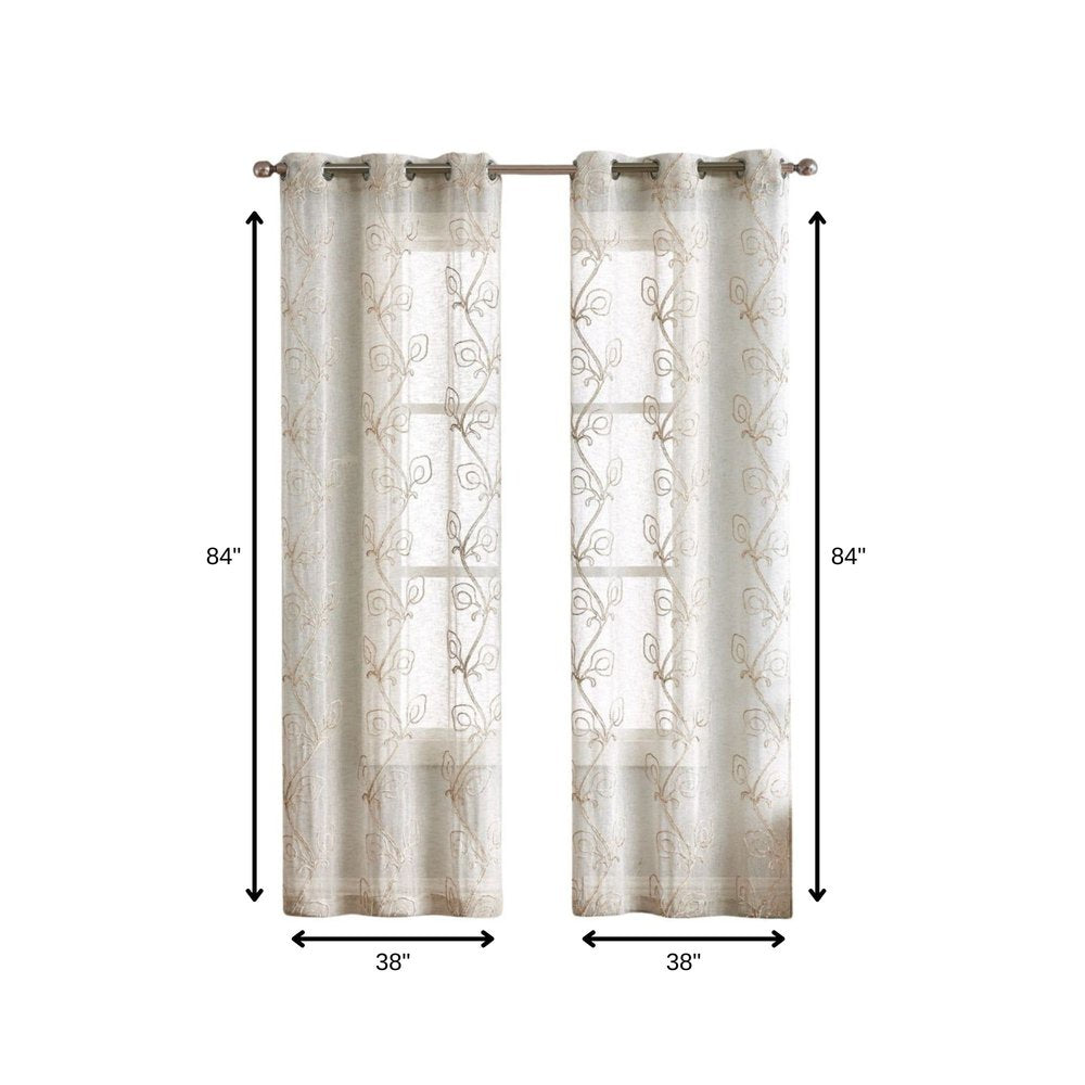 Set of Two 84" Beige Boho Embroidered Window Panels on a white background