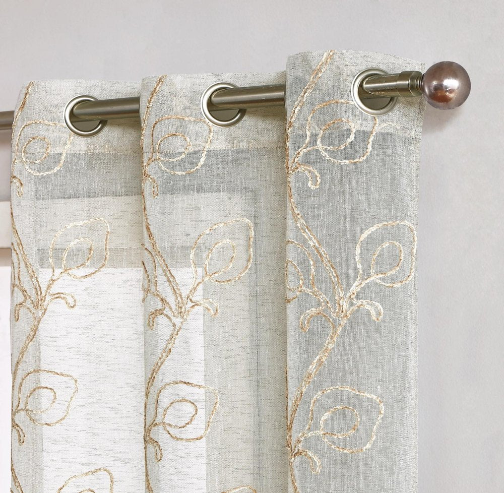 Set of Two 84" Beige Boho Embroidered Window Panels on a white background