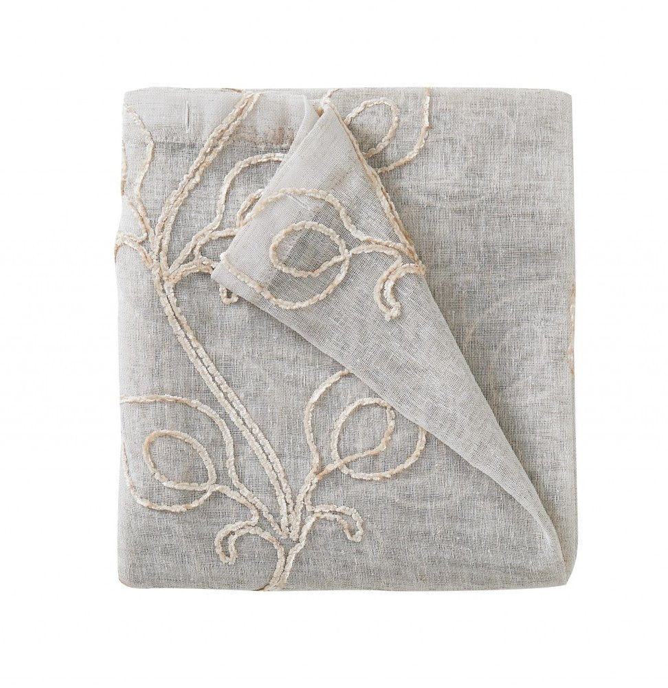 Set of Two 84" Beige Boho Embroidered Window Panels on a white background