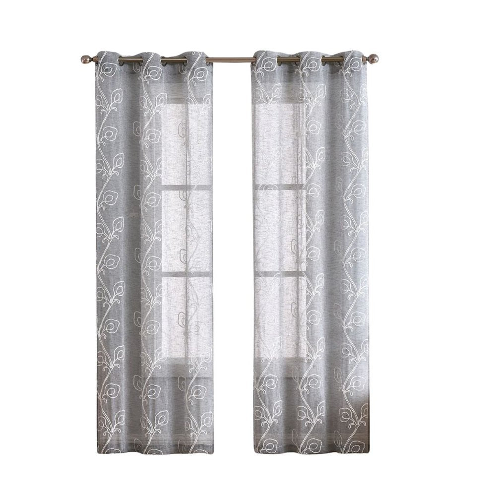 Set of Two 96" Silver Boho Embroidered Window Panels on a white background