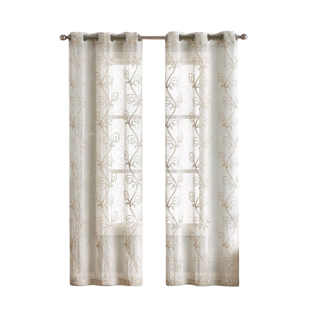 Set of Two 96" Beige Boho Embroidered Window Panels on a white background