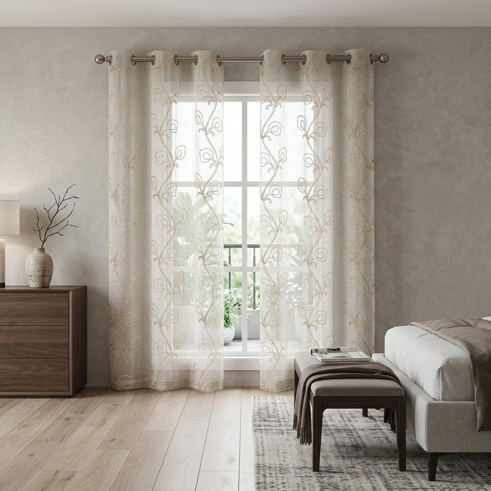 Set of Two 96" Beige Boho Embroidered Window Panels in a home interior