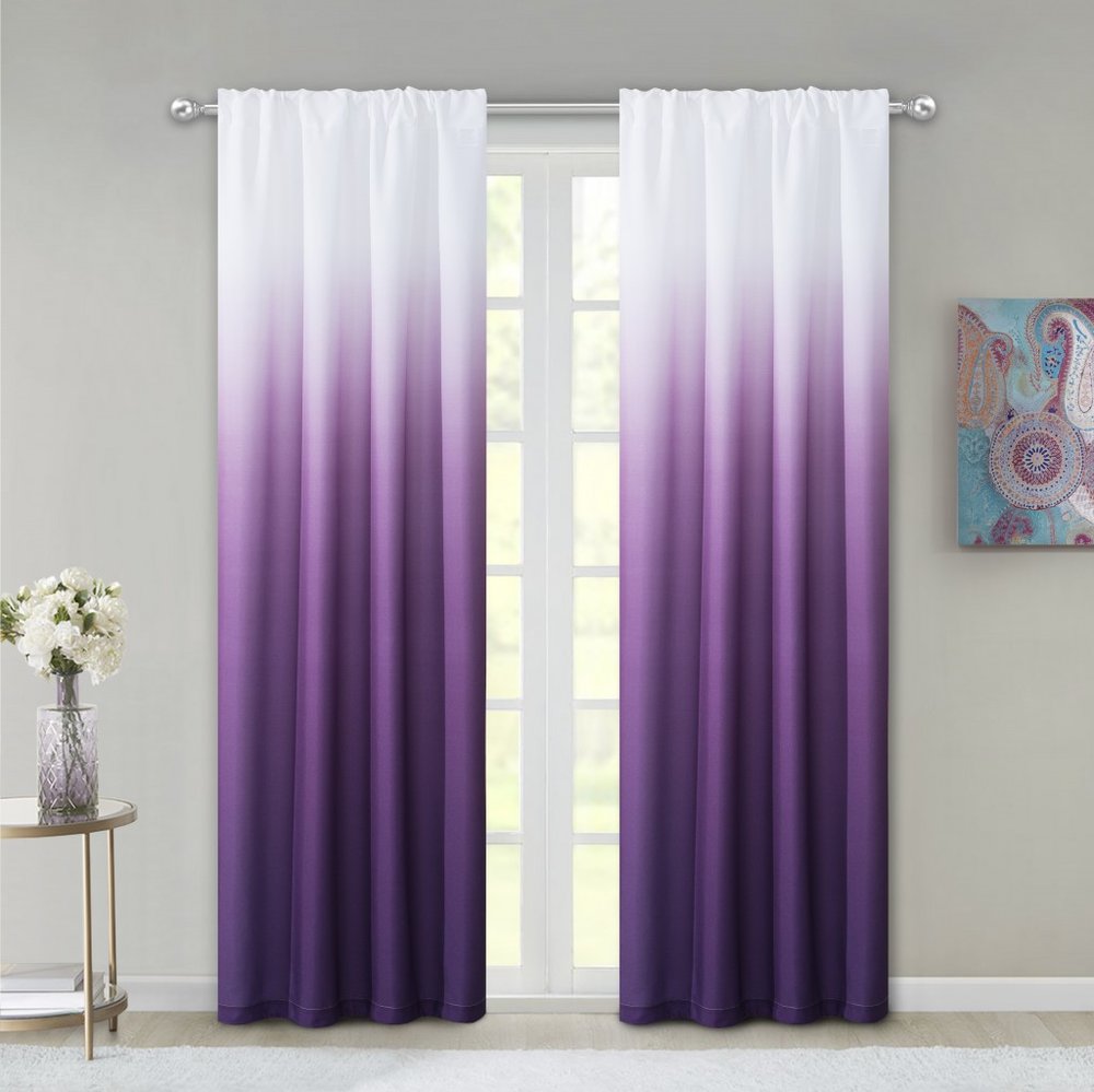 Set of Two 84" Purple Ombre Window Curtain Panels on a white background