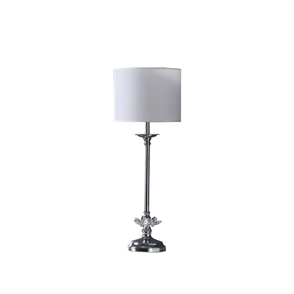 26" Silver Metal And Faux Crystal Table Lamp With White Cylinder Shade. Table lamp isolated on a plain white background, in a silver crystal finish.