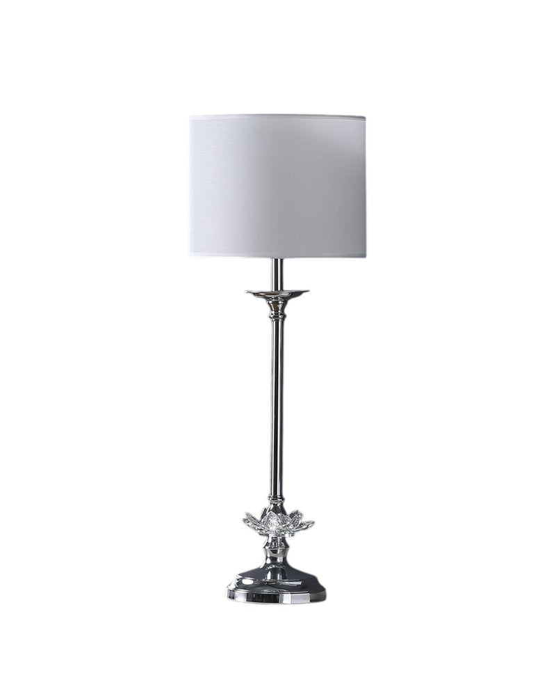 26" Silver Metal And Faux Crystal Table Lamp With White Cylinder Shade. Table lamp isolated on a plain white background, in a silver crystal finish.