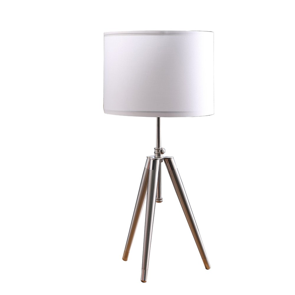 34" Silver Metal Adjustable Tripod Table Lamp With White Round Shade. Table lamp isolated on a plain white background, in a silver metal finish.