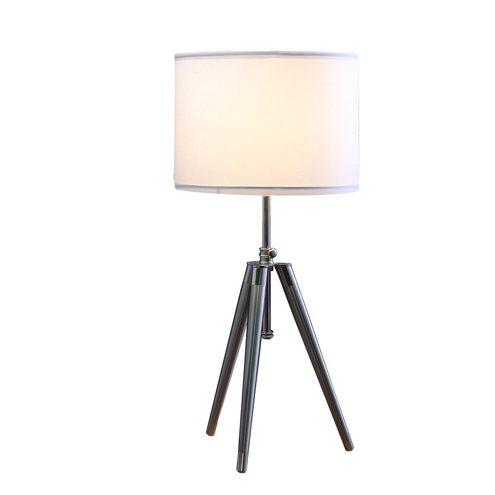 34" Silver Metal Adjustable Tripod Table Lamp With White Round Shade. Table lamp isolated on a plain white background, finished in silver metal.