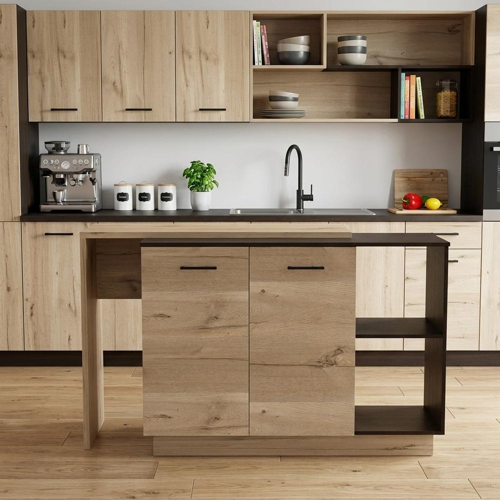 Natural and Natural And Black 59" Kitchen Island With Storage in a home interior