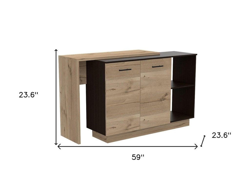 Natural and Natural And Black 59" Kitchen Island With Storage on a white background