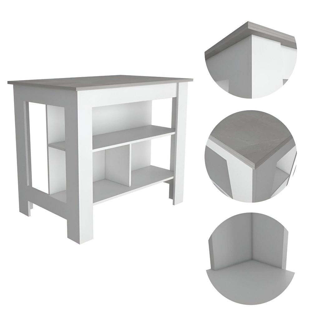 White and Gray 41" Kitchen Island With Storage on a white background