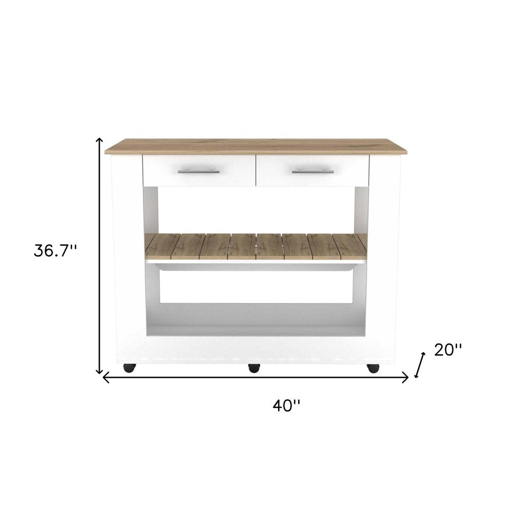White and Brown 40" Rolling Kitchen Cart With Storage on a white background