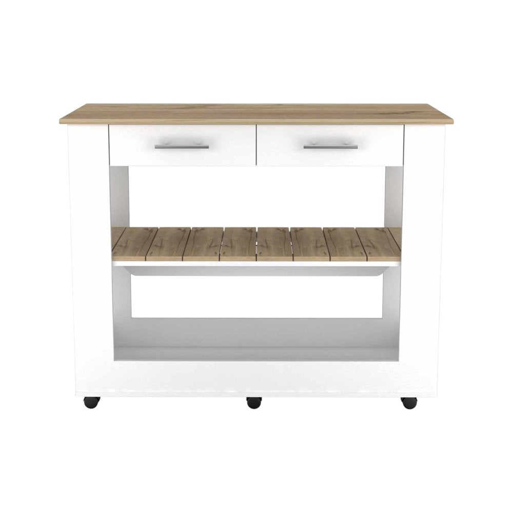 White and Brown 40" Rolling Kitchen Cart With Storage on a white background