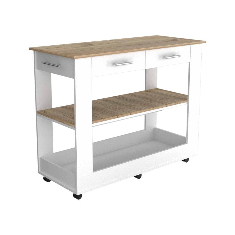 White and Brown 40" Rolling Kitchen Cart With Storage on a white background