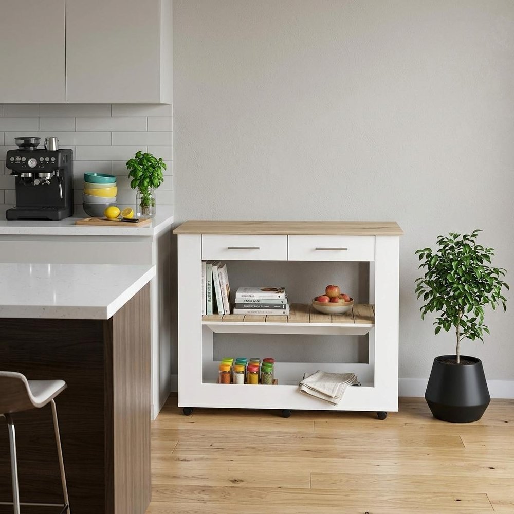 White and Brown 40" Rolling Kitchen Cart With Storage in a home interior