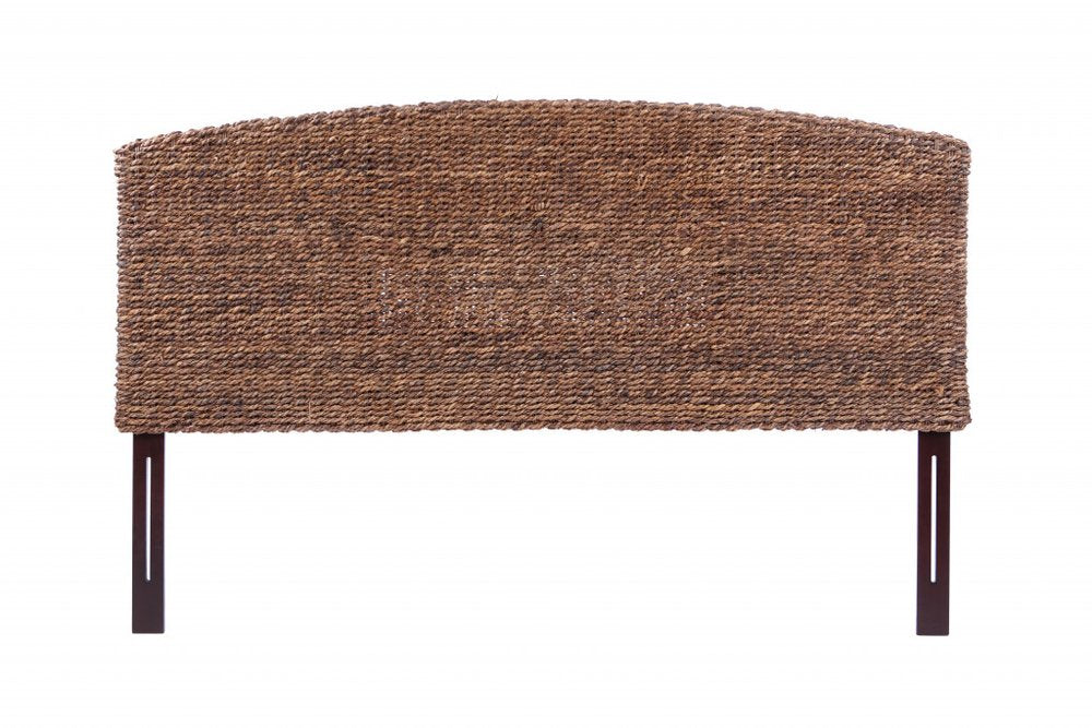 Brown Natural and Rustic Woven Banana Leaf Curved King Size Headboard on a white background